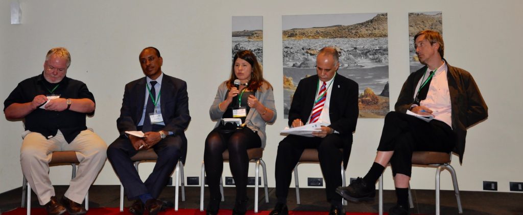 From left: Fergus Sinclair (ICRAF), Gete Zeleke (LPFN), Ana Maria Paez-Valencia (ICRAF), Tomas Sales (UNDP) and Eric Patrick (IFAD). Photo: World Agroforestry Centre/ICRAF