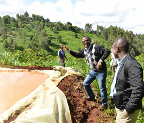 Meeting participants view a farm pond in Ndakaini, Muranga County. Photo: World Agroforestry Centre/Ake Mamo